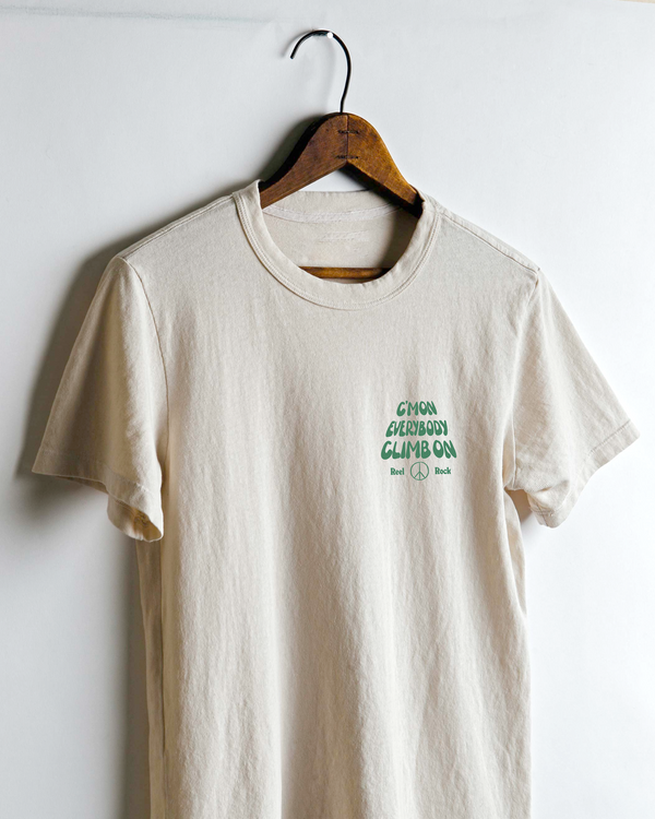 Front of shirt - "C'mon, everybody climb on" with Reel Rock and peace symbol